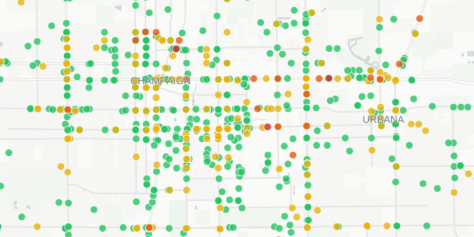 Map of 2025 traffic crashes in Champaign and Urbana, colored by severity