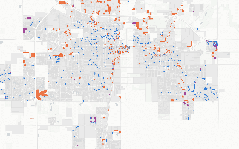 Map of vacant parcels in Champaign and Urbana, colored by type